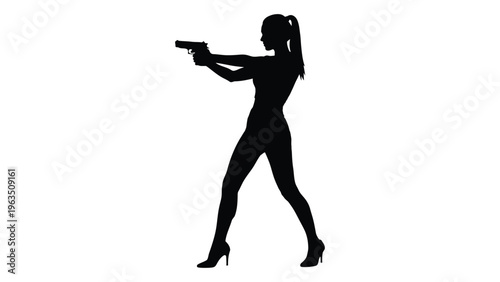 Silhouette of a woman holding a gun in a powerful stance