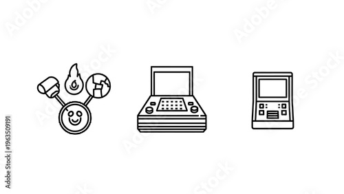 Set of technology icons: 3D printer, laptop, and game console, simple line art for tech concepts and digital design, 3D printer
