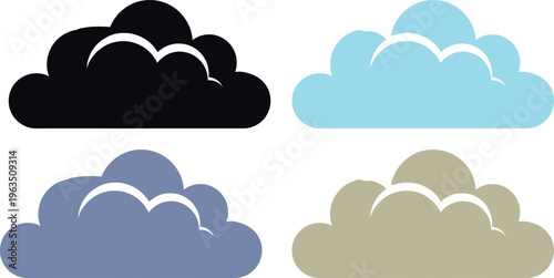 Set of blue cartoon cloud icons and seamless nature patterns in a flat vector illustration style for summer sky wallpaper or web technology network design