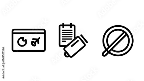 Icons depicting a calendar with events, notepad and pen, and a prohibition sign, representing scheduling, note-taking, and restrictions or cancellations