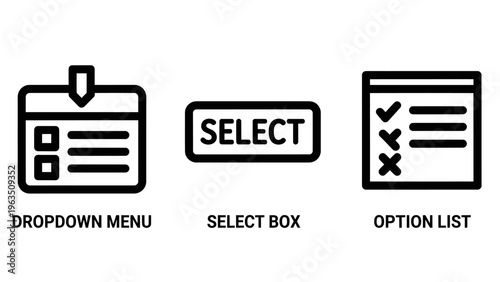 Selection options icons: dropdown menu, select box, and option list vector graphics for forms and choices