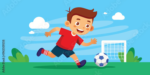 A young boy energetically kicking a soccer ball on a sunny field