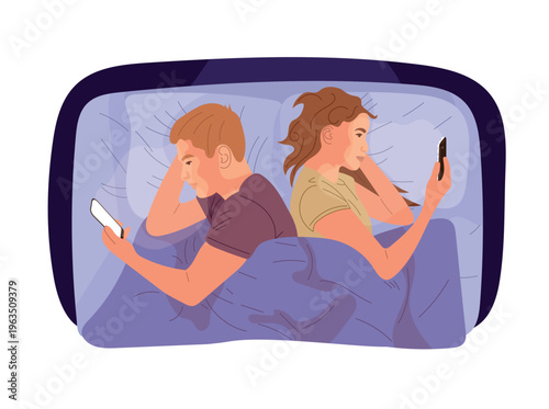 A couple lying back to back in bed using smartphones before bed, a concept for relationship problems and digital addiction. Flat vector illustration isolated on a white background.