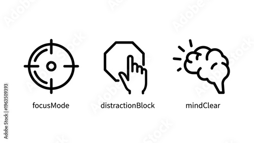 Focus mode, distraction block, mind clear icons: concentration, productivity, and mental clarity concepts in minimalist line art