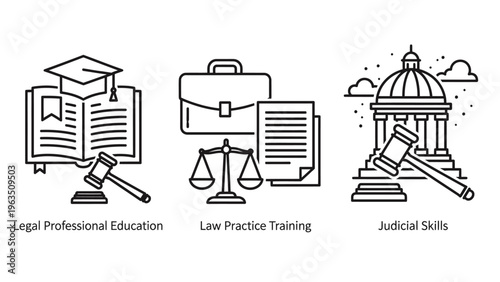Legal icons: book with gavel, scales of justice, courthouse building with judge hammer, line art