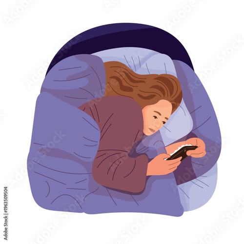 Woman lying in bed using smartphone at night, insomnia and screen addiction concept, cozy bedroom scene, modern flat vector illustration with soft lighting
