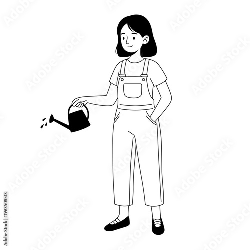 Young Woman Gardener Watering Plants With Watering Can in Overalls Black And White Illustration
