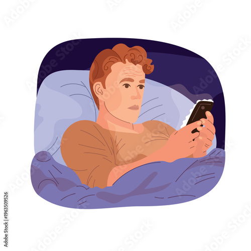 Man lying in bed using smartphone at night, insomnia and digital addiction concept, cozy bedroom scene, modern flat vector illustration with soft light