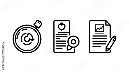 Health and finance icons: stopwatch, medical record with badge, document with graph and pencil