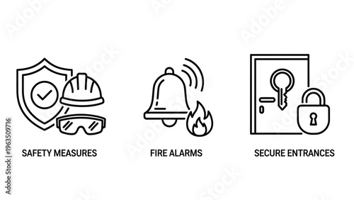 Collection of security and safety icons: safety measures, fire alarm, secure entrance with shield, helmet, goggles, bell and lock symbols, safety glasses