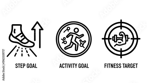 Fitness and activity icons: shoe with upward arrow for step goal, running person for activity goal, dumbbell in target for fitness target, health tracker