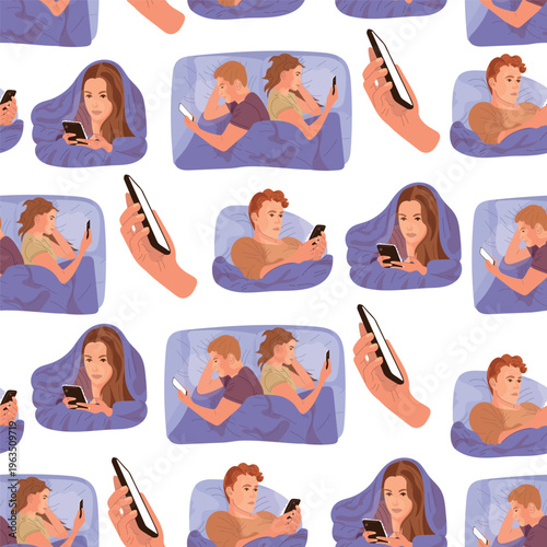 Seamless pattern with people using smartphones in bed at night, insomnia and digital addiction concept, modern flat vector illustration