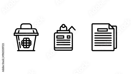 Simple icons for medical waste bin, antiseptic bottle, and document, representing healthcare, hygiene, and administration, bottle cap