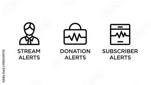 Online streaming and broadcast icons: user icon for stream alerts, shopping bag with graph for donation alerts, phone screen for subscriber alerts, social media