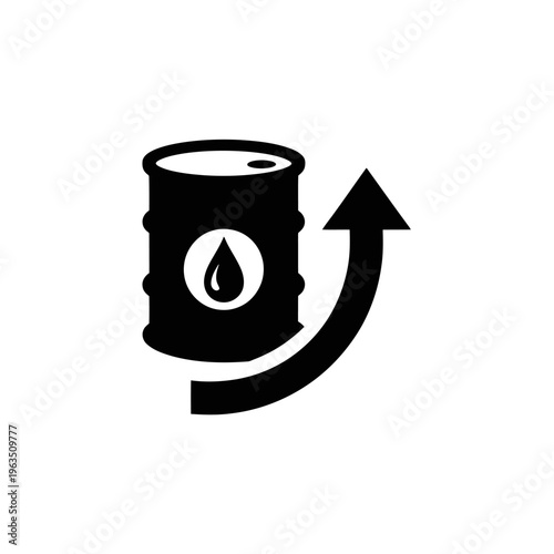 Black oil barrel with a drop symbol and curved arrow  oil price increase concept