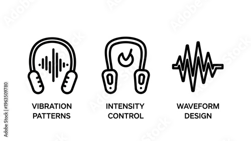 Headphones with vibration patterns, intensity control dial, and waveform design icons for audio, sound, and technology concepts. black and white outline vector illustrations