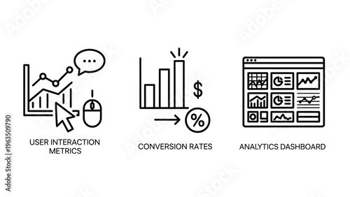 Line graph interaction metric icon, conversion rates icon with bar chart and percentage, and analytics dashboard icon. vector graphics for digital marketing and data analysis