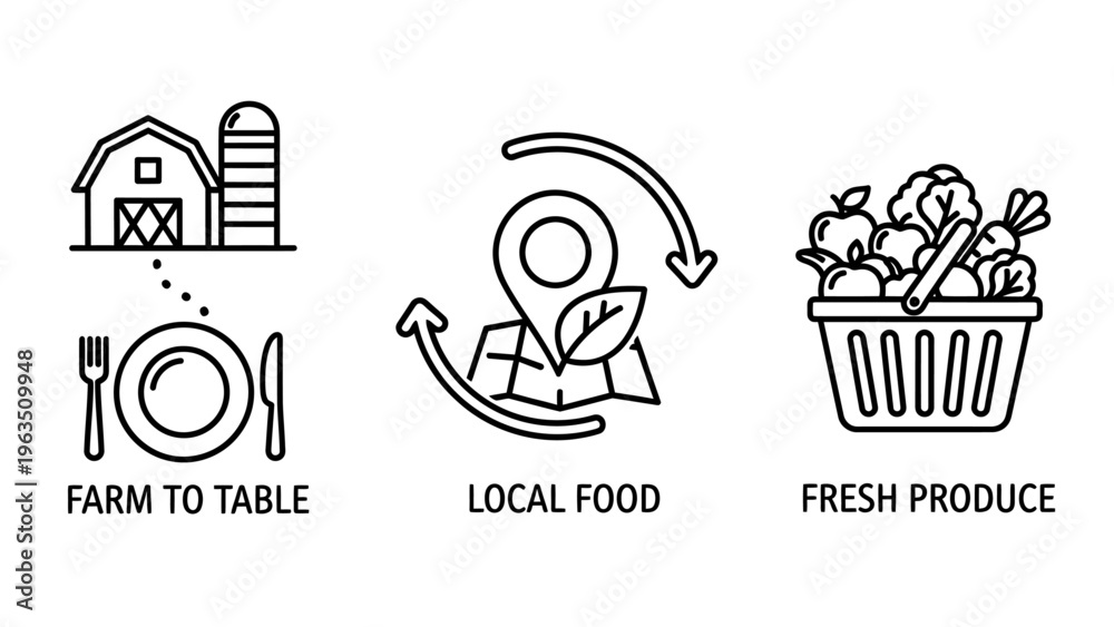 Obraz premium Farm to table, local food location pin, and fresh produce basket icons, black and white