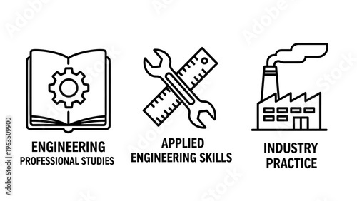 Open book with gear, wrench and ruler, and factory icons for engineering and industry, black and white