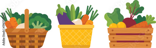 Fresh vegetables basket vector set, organic farm produce with carrot, broccoli, beetroot, eggplant and greens in wicker and wooden crates, isolated healthy food illustration