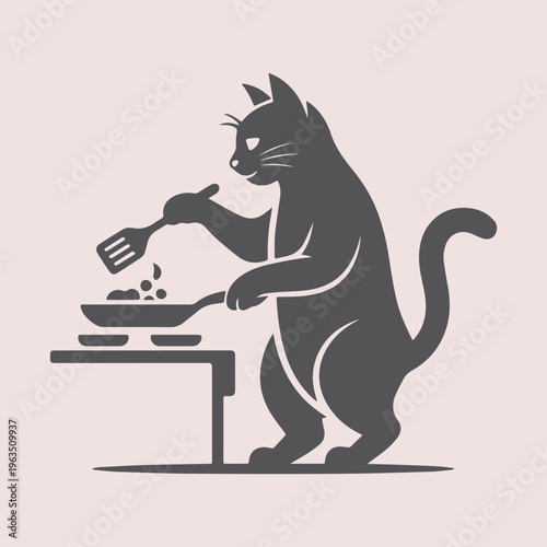 Cat cooking silhouette vector illustration chef cat frying food kitchen concept animal cooking. Ideal for food design and restaurant branding projects.