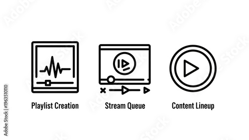 Digital media player icons: playlist creation, stream queue, and content lineup for audio apps and websites