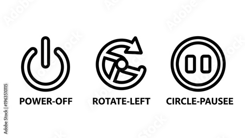 Control and action icons set: power-off, rotate-left, and circle pause buttons for user interface design