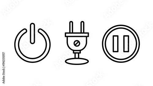 Technology control icons set: power on/off button, electrical plug, and pause button for electronic devices