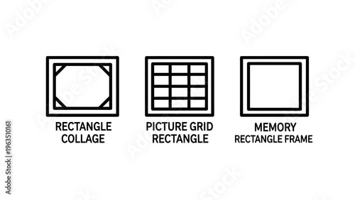 Photo frame and layout icons: rectangle collage, picture grid, and memory frame for digital photography
