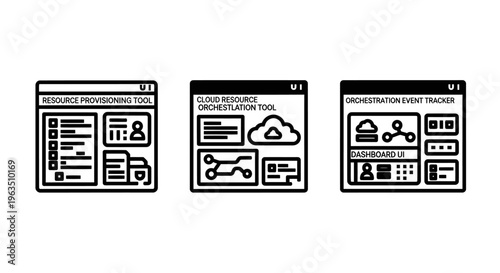 Outline icons of software for data management, cloud computing, and system security, representing digital interface applications and it administration