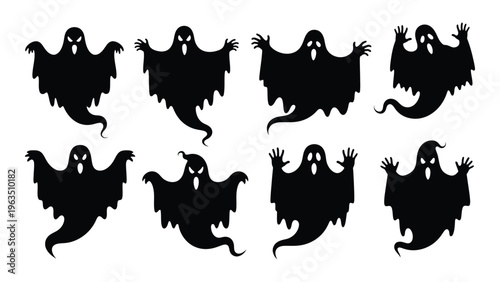 Eight spooky ghost silhouettes on white background