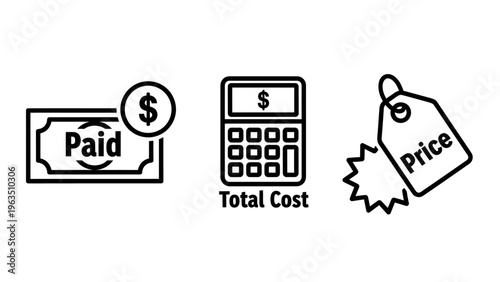 Paid transaction, total cost calculator, and price tag icons for financial management and e-commerce business concepts vector, e commerce