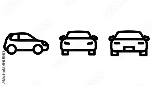 Minimalist vector car icons displaying side, front, and rear perspectives for automotive design or transport concepts