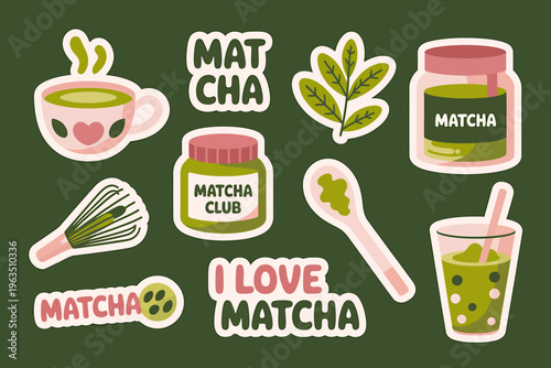 Matcha green tea stickers with various objects and text on green background