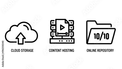 Modern business line icons for cloud storage, content hosting, and online repository services, illustrating digital data management and web solutions
