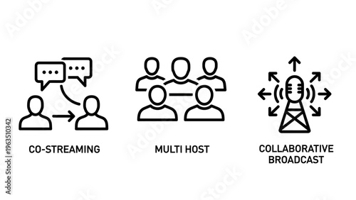 Digital communication and live media icon set featuring co-streaming, multi-host, and collaborative broadcast functionality