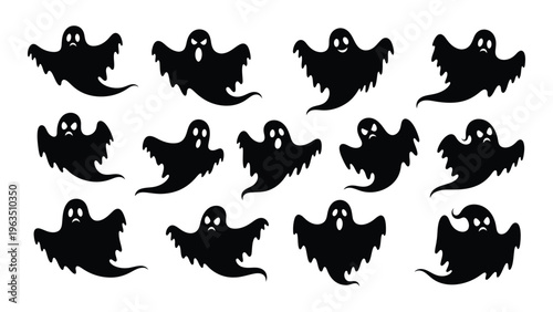 Collection of 12 black ghost silhouettes on white background