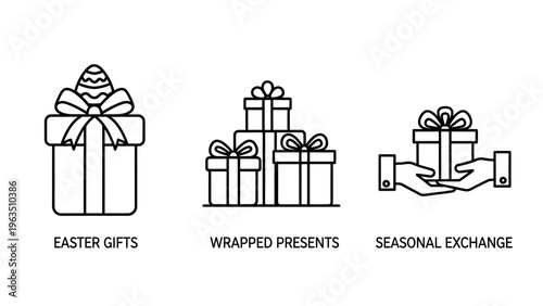 Vector icons: gift boxes, wrapped presents, seasonal exchange, easter gifts, festive celebration, present giving, holiday surprise, delivery service, commerce, shopping, joyful moments, sharing, celeb