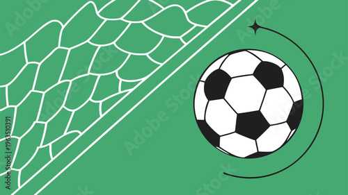 A soccer ball positioned near a green soccer goal net with white edges.