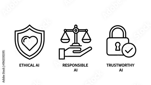 Vector icons: ethical AI shield heart, responsible AI scales justice, trustworthy AI padlock keyhole check, artificial intelligence, fairness, integrity, security, compliance, accountability, transpar