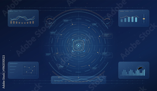 A futuristic digital dashboard featuring a central circular radar