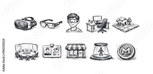 Collection of hand-drawn icons representing virtual reality, business, and digital concepts