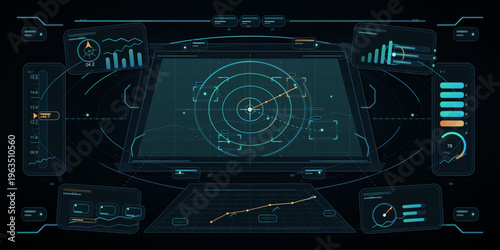 A futuristic heads-up display interface featuring a central radar