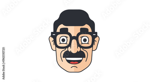 Animated Man with Mustache and Glasses Icon for Profile or Character Design Avatar Portrait Cartoon Character Head Face Smiling Expression