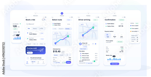 Professional UI design for a ride-sharing mobile application showing