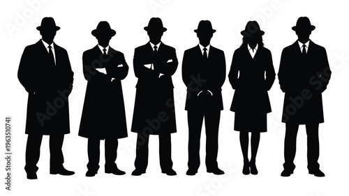 Silhouettes of six mysterious figures in business attire and hats