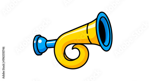 Shiny Golden Musical Horn with Blue Accents for Celebrations and Announcements Isolated on a Clean White Backdrop Studio Shot High Quality Stock