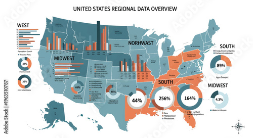 United States regional data overview infographic, USA map with demographic charts and statistics, professional business dashboard vector