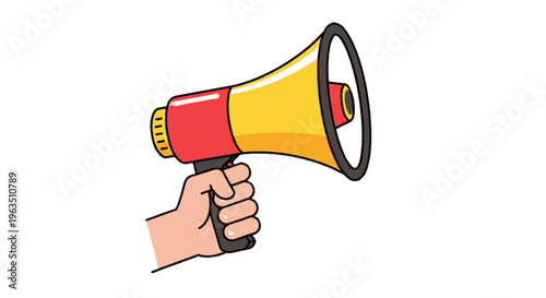 Hand Holding a Red and Yellow Loudspeaker to Announce Information Offer Alerts or Make an Important Announcement in a Meeting or Protest