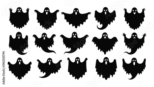 Collection of 15 unique black silhouette illustrations of creatures